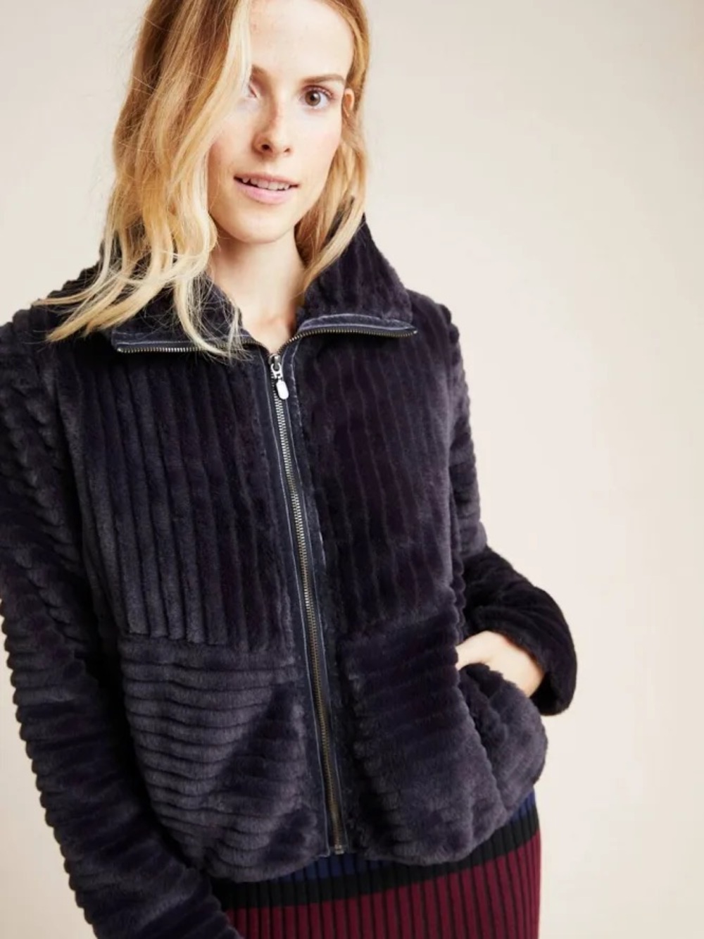 Anthropologie Navy Faux Fur Jacket with Floral Lining